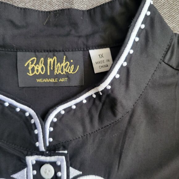 Bob Mackie 1X Black White Embroidered Tunic Buttoned Top Asian 1540 - Picture 4 of 8